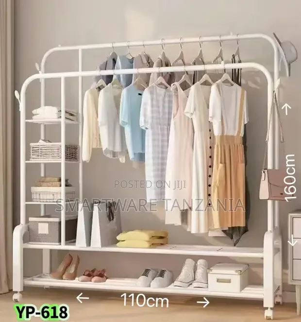 Cloth Drying Stand  Multipurpose Dual Rod + Wheels - White