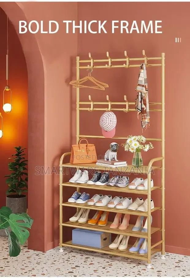Coat Rack Shoe Bench With 8 Hooks, 3-in-1 Hall Tree Metal