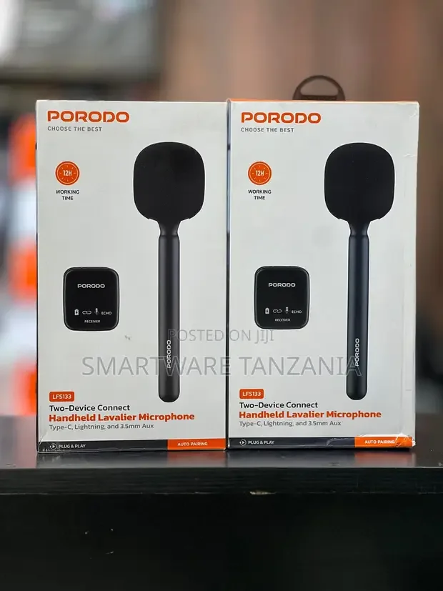 Porodo 2-Device Wireless Mic  12h  Type-C, Lightning, 3.5mm