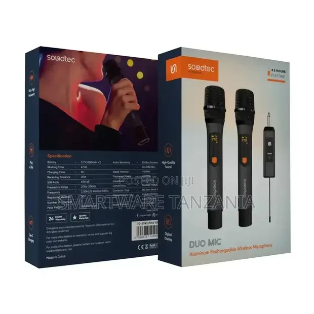 Porodo Duo Mic Rechargeable Wireless Microphone - Black